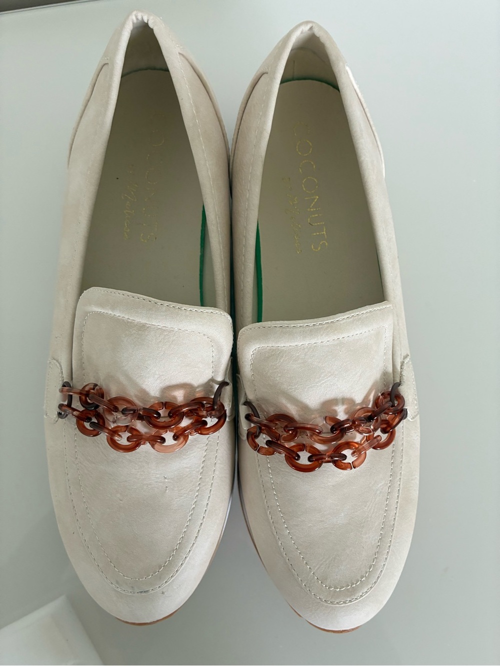 Coconuts by Matisse Cream Loafers with Tortoiseshell Chain
